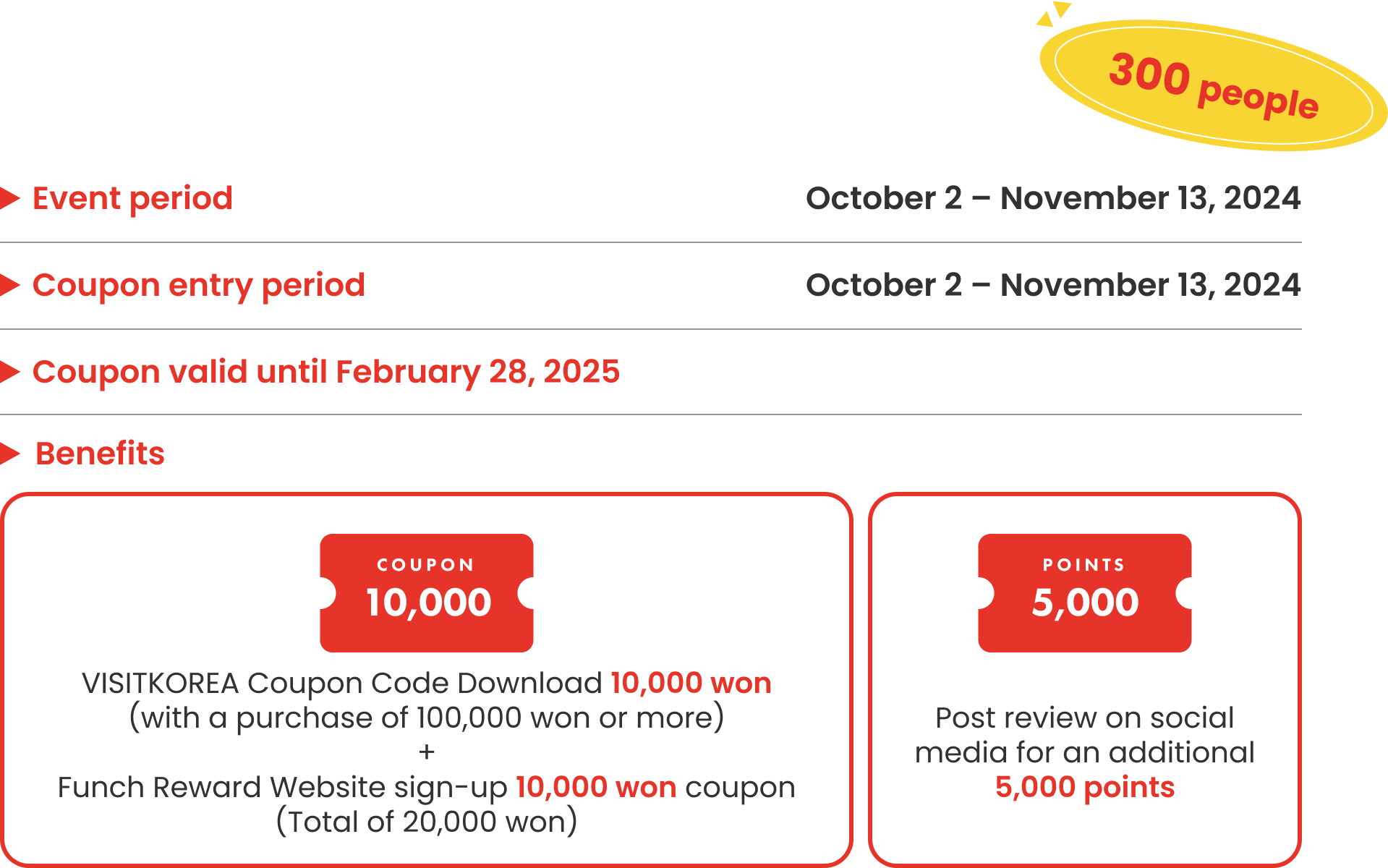 Event period: September 26 – November 13, 2024 Coupon entry period: September 26 – November 13, 2024 Coupon valid until February 28, 2025 Benefits:  1. VISITKOREA Coupon Code Download 10,000 won (with a purchase of 100,000 won or more) + Funch Reward Website sign-up 10,000 won coupon (Total of 20,000 won) 2.. Post review on social media for an additional 5,000 points