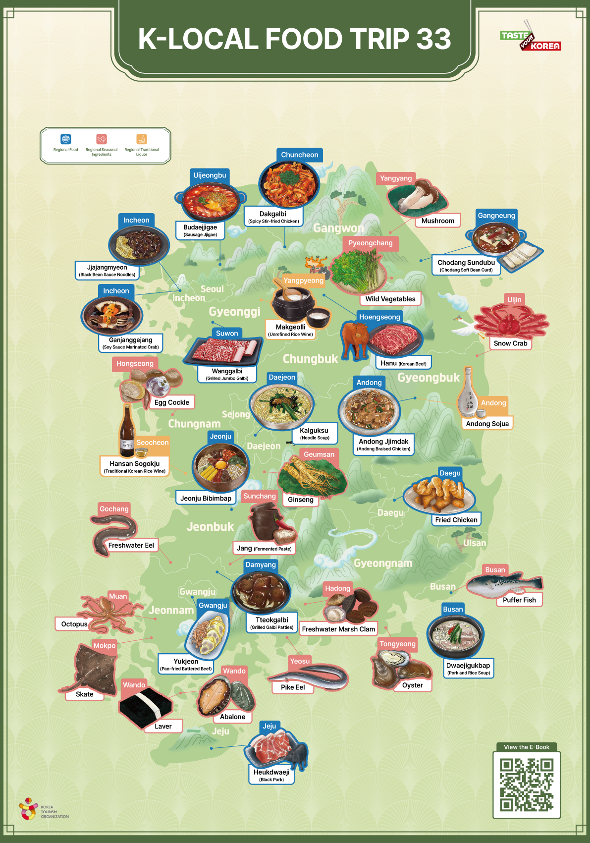 Illustrated map of korea guiding 33 representative foods and regions