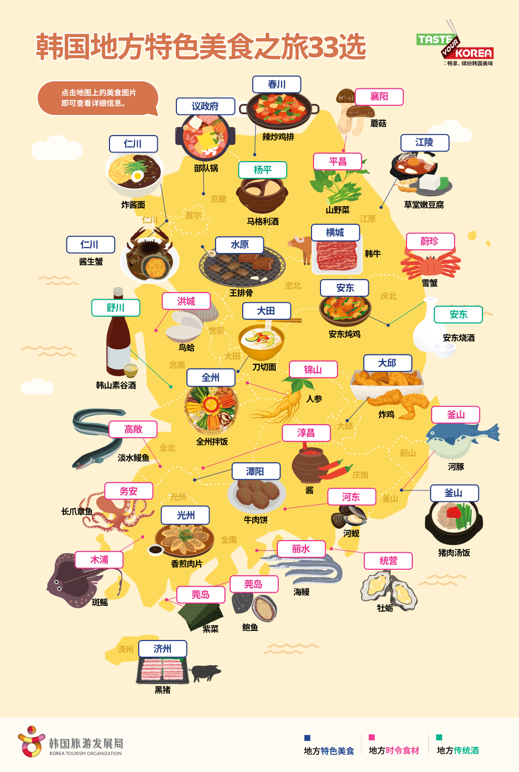 Illustrated map of korea guiding 33 representative foods and regions
