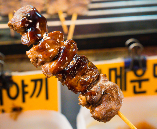 A street food in Seomun Market in Daegu, chicken heart skewers