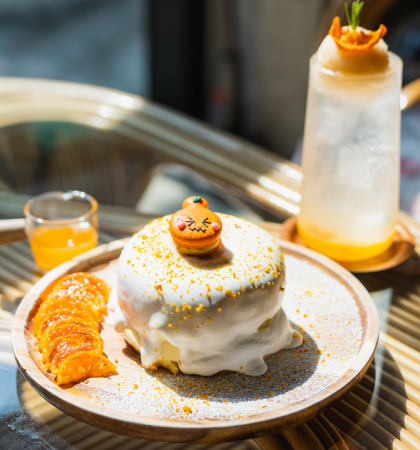 Hallabong, a Jeju specialty, and Hallabong macaron topped on a soufflé