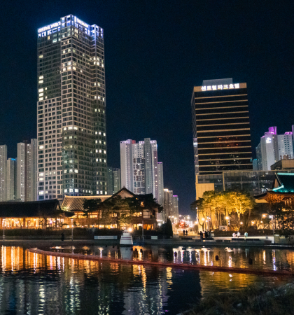 Night view of Hanok Village from a boat