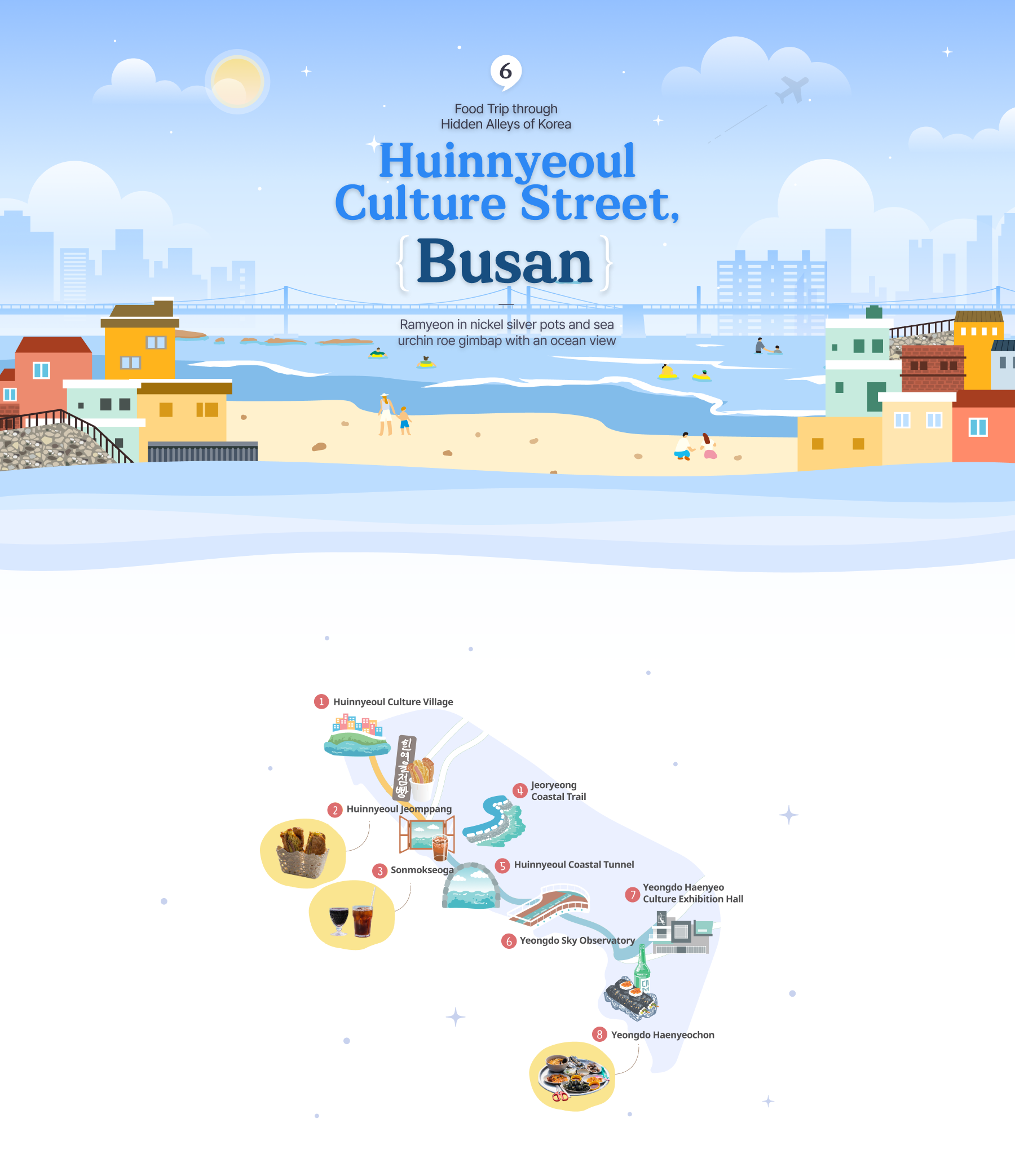 Illustration of Huinnyeoul Culture Street in Busan and illustration of map of Huinnyeoul Culture Street attractions at the bottom (horizontal type)
