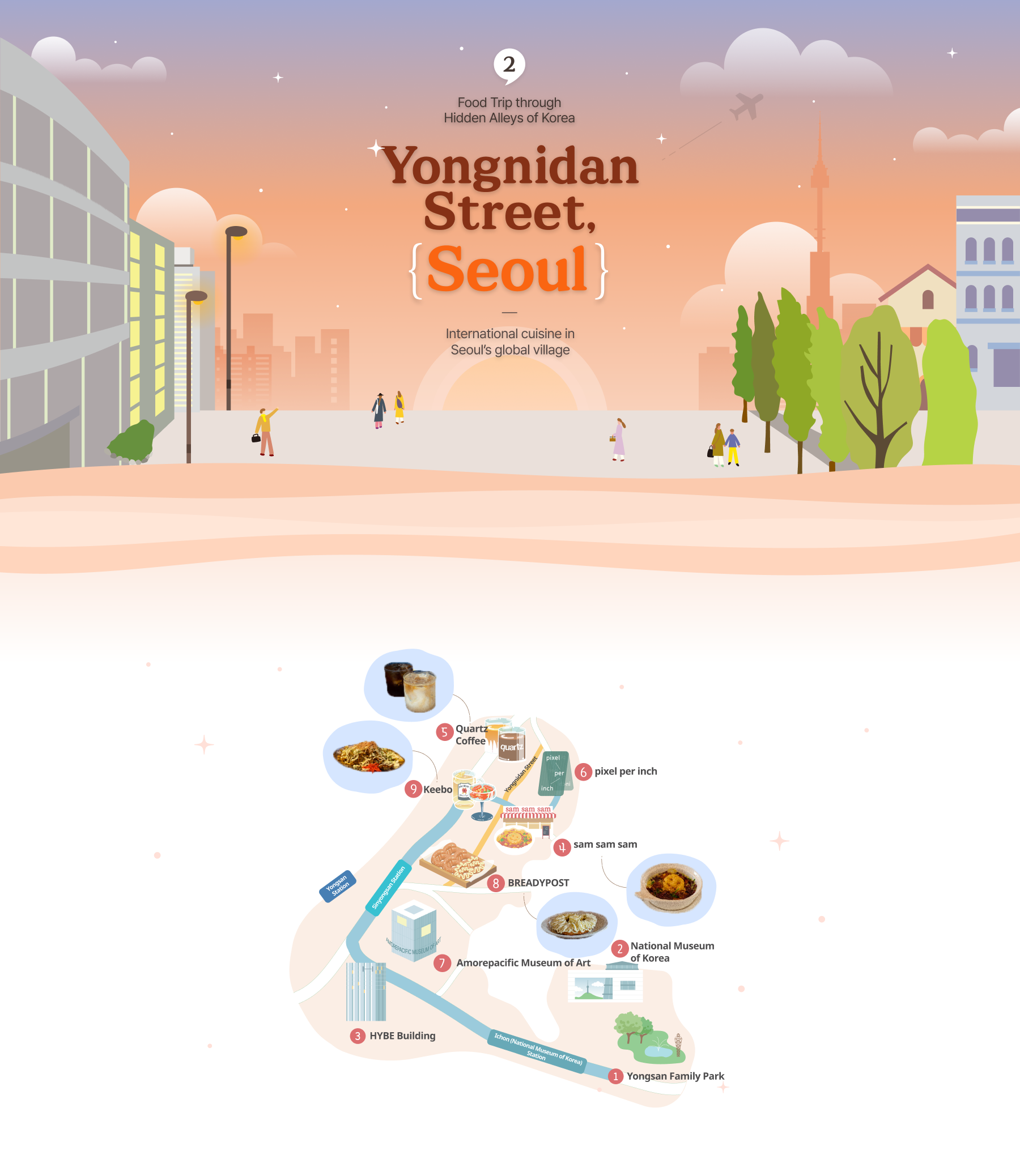 Illustration of Yongnidan Street in Seoul and illustration of map of Yongnidan Street attractions at the bottom (horizontal type)