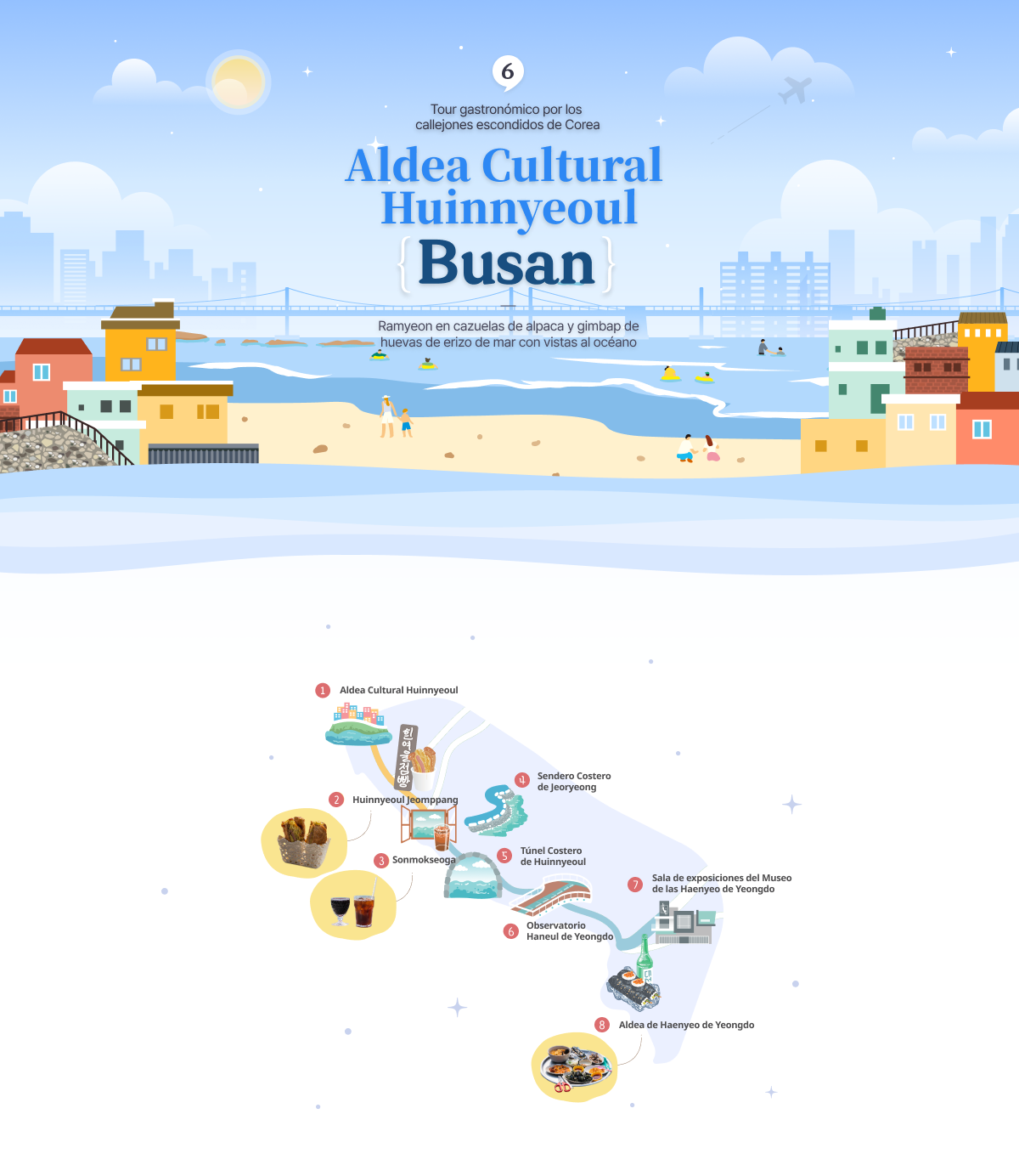 Illustration of Huinnyeoul Culture Street in Busan and illustration of map of Huinnyeoul Culture Street attractions at the bottom (horizontal type)