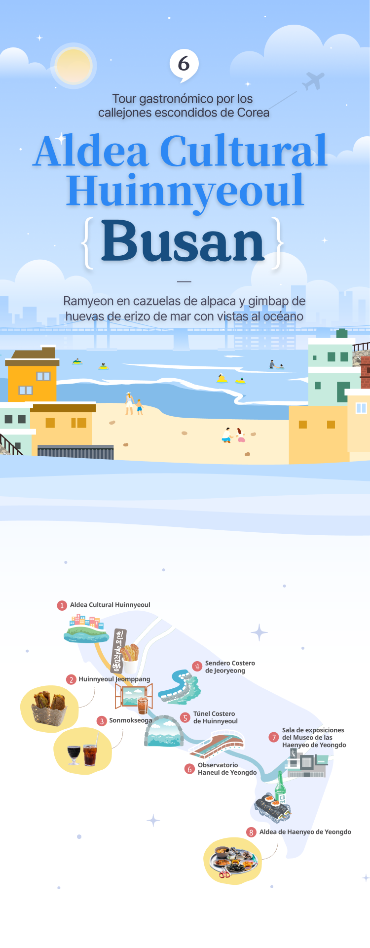 Illustration of Huinnyeoul Culture Street in Busan and illustration of map of Huinnyeoul Culture Street attractions at the bottom (vertical type)
