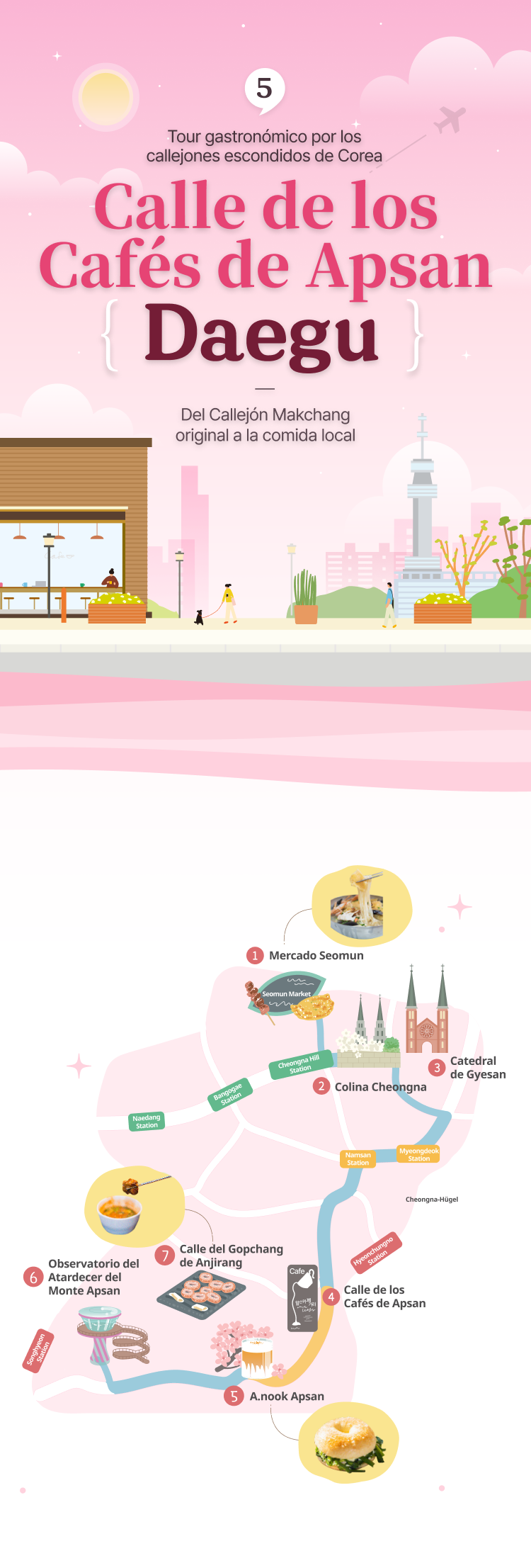 Illustration of Apsan Café Street in Daegu and illustration of map of Apsan Café Street attractions at the bottom (vertical type)