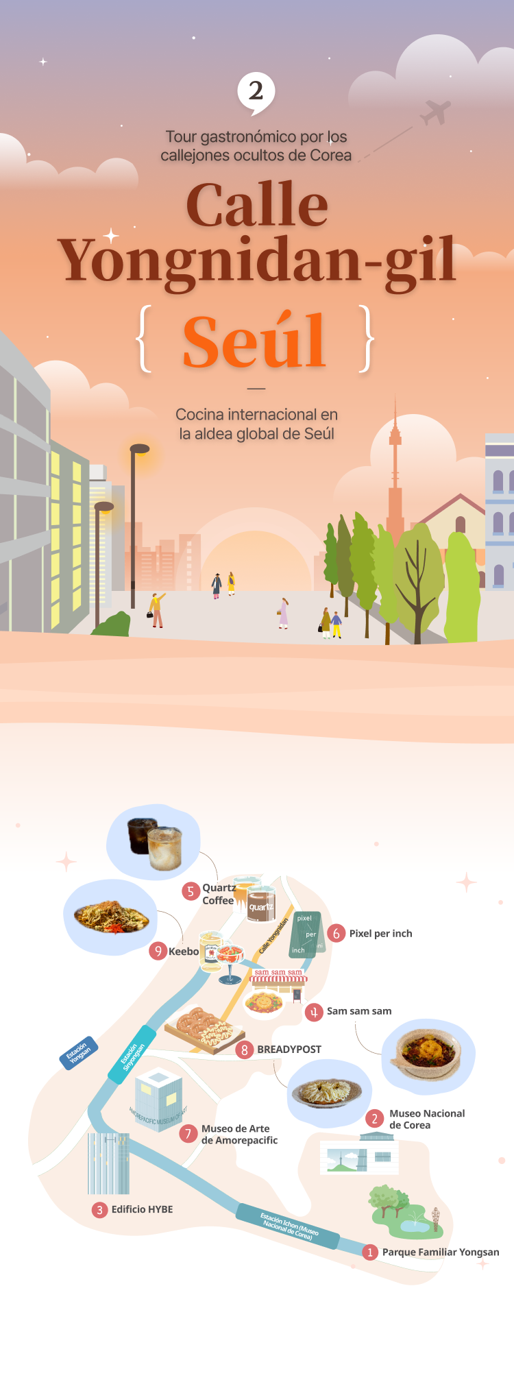 Illustration of Yongnidan Street in Seoul and illustration of map of Yongnidan Street attractions at the bottom  (vertical type)