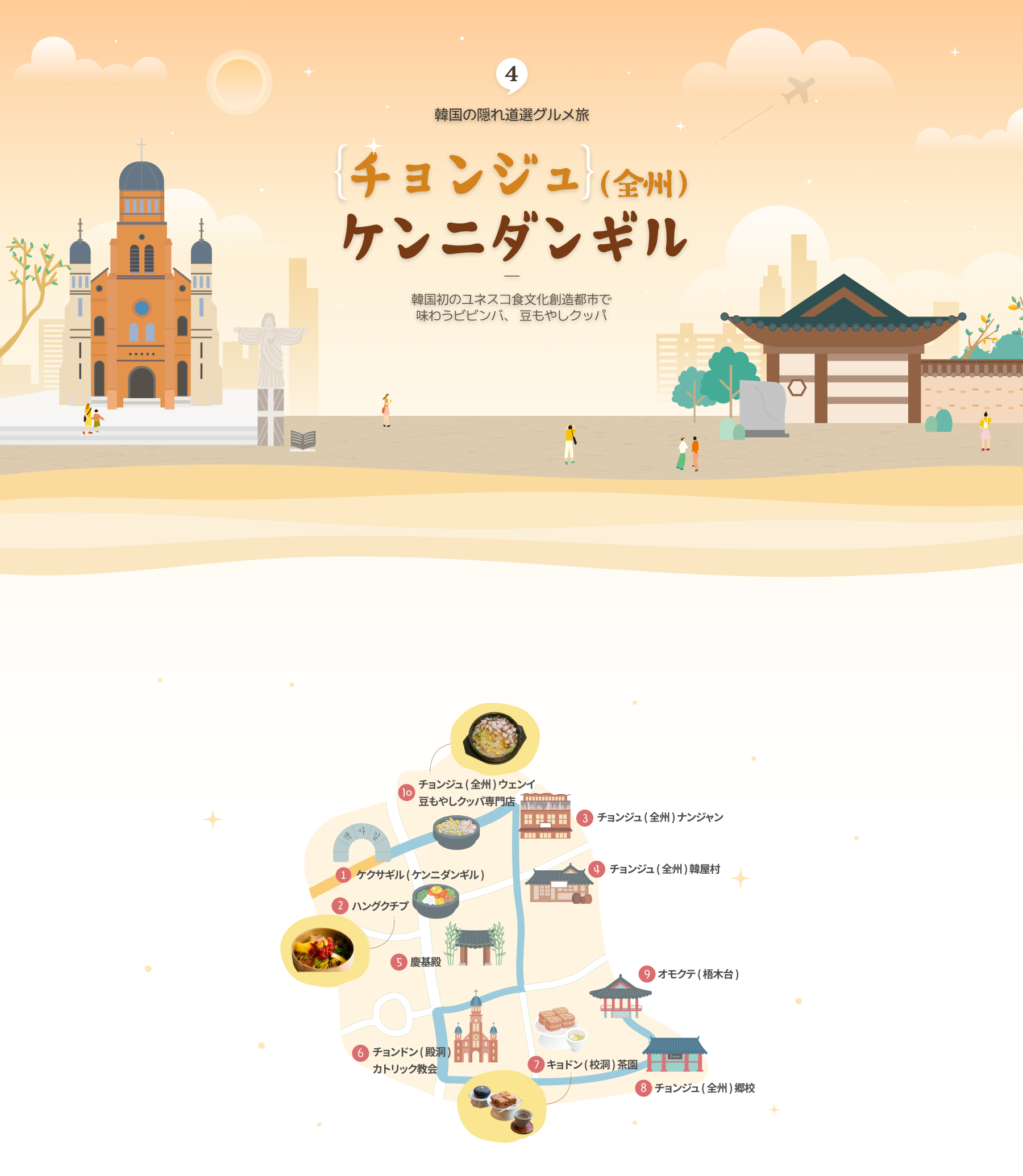 Illustration of Gaengnidan Street in Jeonju and illustration of map of Gaengnidan Street attractions at the bottom (horizontal type)