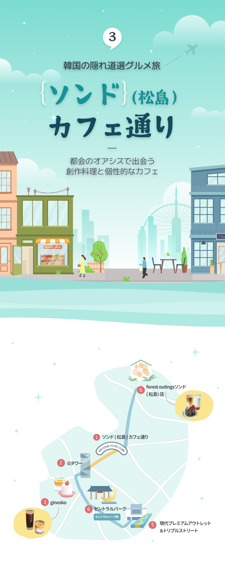 Illustration of Songdo Café Street in Incheon and illustration of map of Songdo Café Street attractions at the bottom  (vertical type)