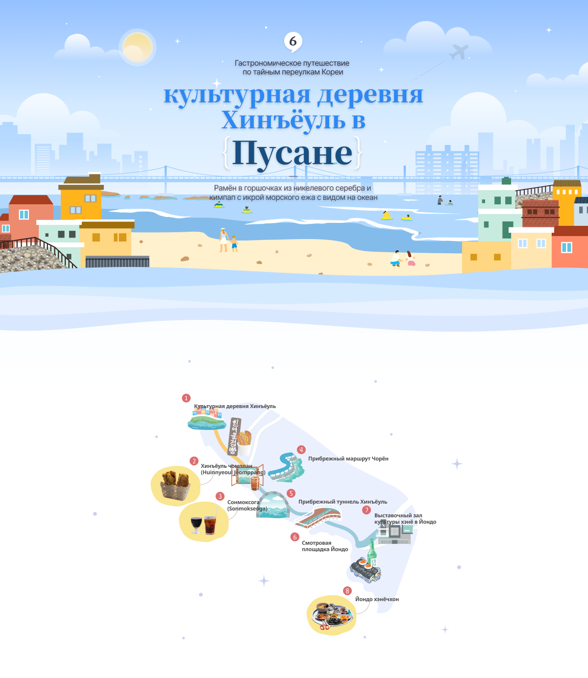 Illustration of Huinnyeoul Culture Street in Busan and illustration of map of Huinnyeoul Culture Street attractions at the bottom (horizontal type)