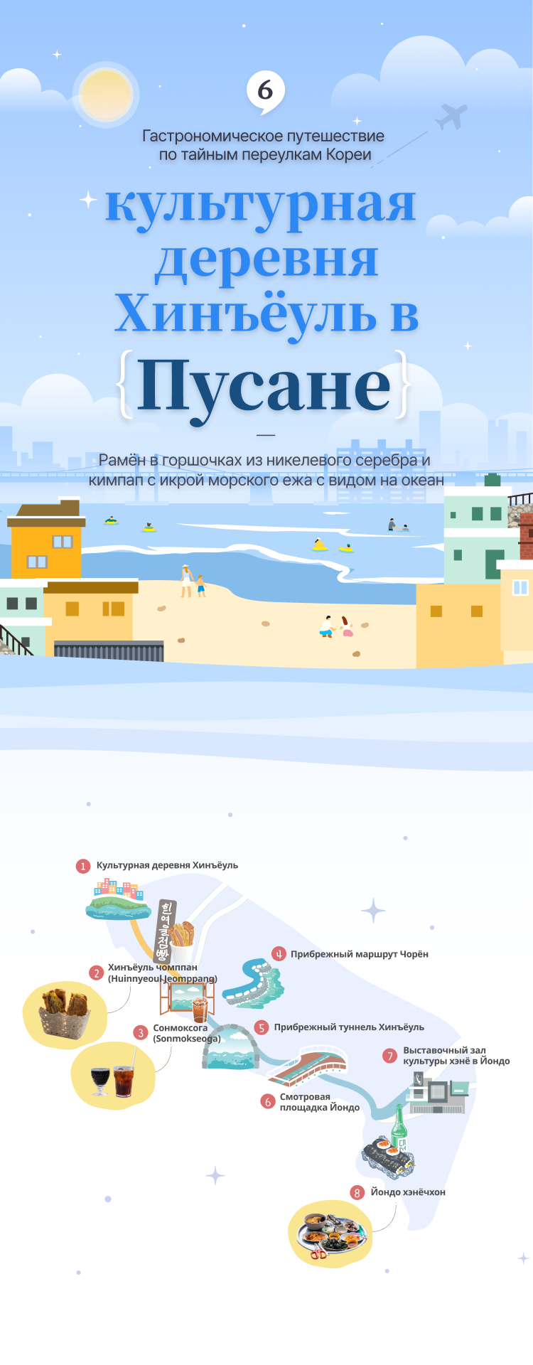 Illustration of Huinnyeoul Culture Street in Busan and illustration of map of Huinnyeoul Culture Street attractions at the bottom (vertical type)