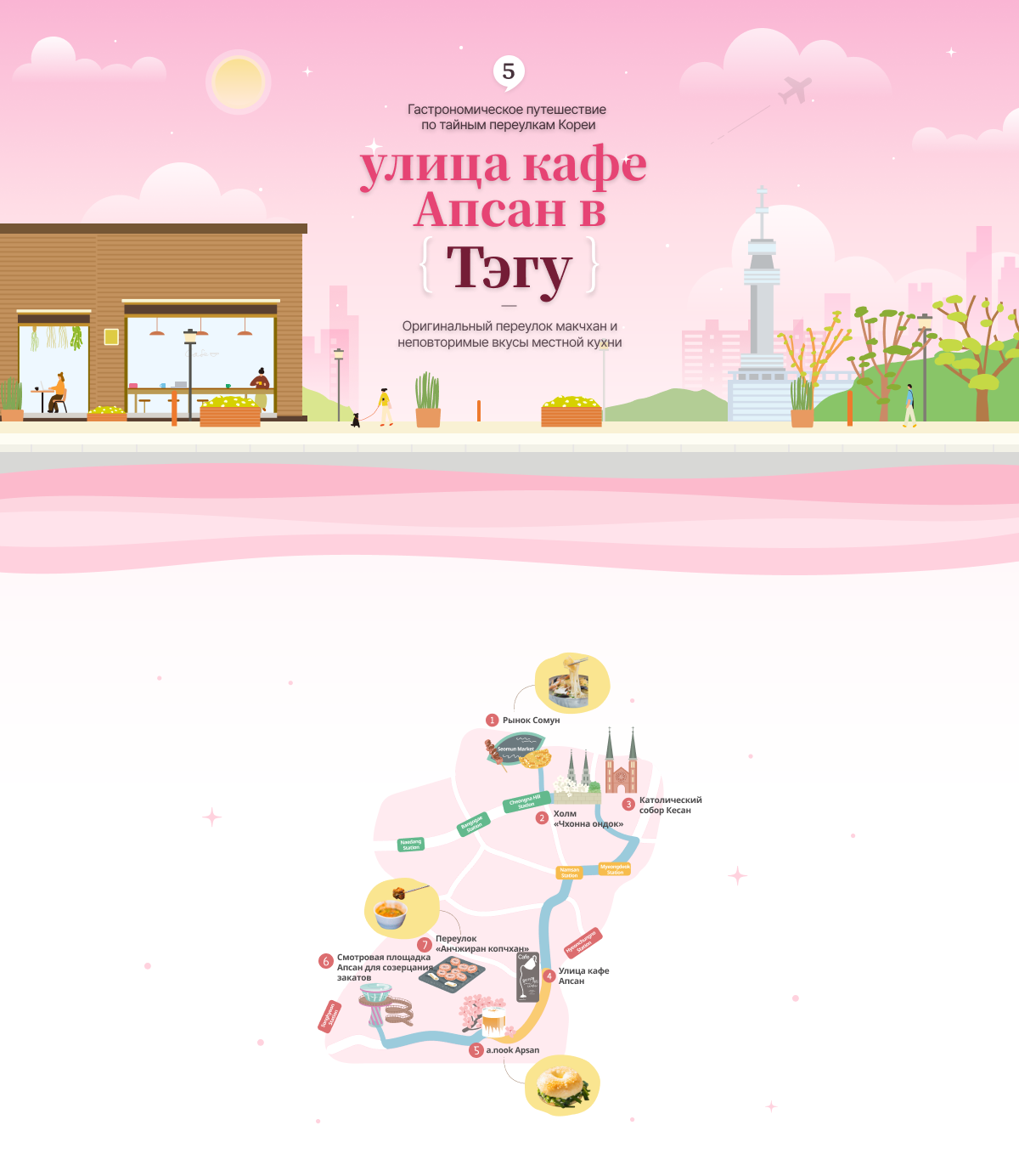 Illustration of Apsan Café Street in Daegu and illustration of map of Apsan Café Street attractions at the bottom (horizontal type)