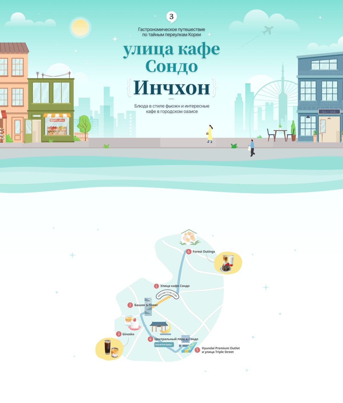 Illustration of Songdo Café Street in Incheon and illustration of map of Songdo Café Street attractions at the bottom (horizontal type)