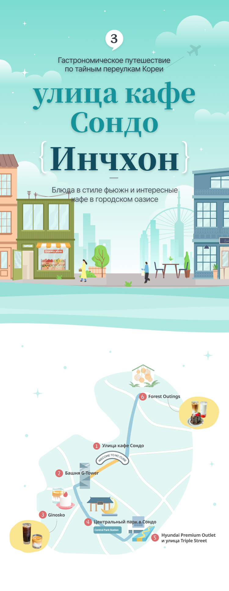 Illustration of Songdo Café Street in Incheon and illustration of map of Songdo Café Street attractions at the bottom  (vertical type)