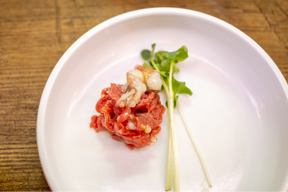 A combination of beef raw beef and radish