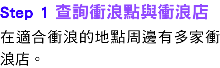 Step 1 查詢衝浪點與衝浪店 在適合衝浪的地點周邊有多家衝浪店。 