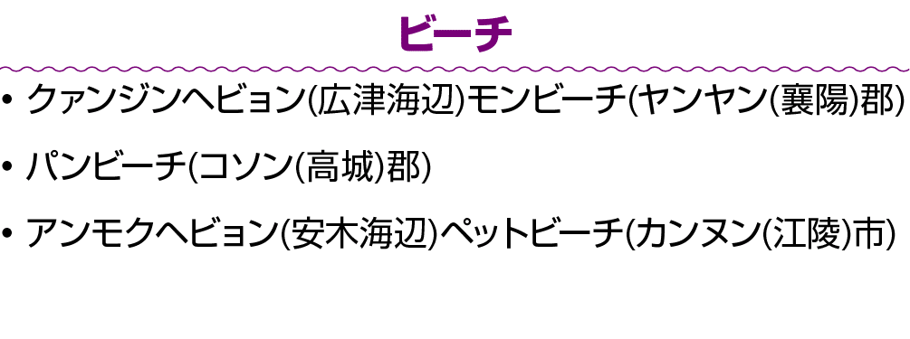 ビーチ • クァンジンヘビョン(広津海辺)モンビーチ(ヤンヤン(襄陽)郡) • パンビーチ(コソン(高城)郡) • アンモクヘビョン(安木海辺)ペットビーチ(カンヌン(江陵)市)