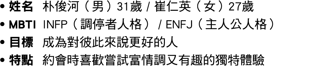 ● 姓名 朴俊河（男）31歲 / 崔仁英（女）27歲 ● MBTI INFP（調停者人格） / ENFJ（主人公人格） ● 目標 成為對彼此來說更好的人 ● 特點 約會時喜歡嘗試富情調又有趣的獨特體驗 