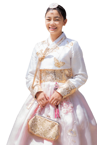Korean lady in hanbok dress costume smile in an ancient Gyeongbokgung palace in Seoul city, South Korea, this image can use for travel, and tourist Seoul.