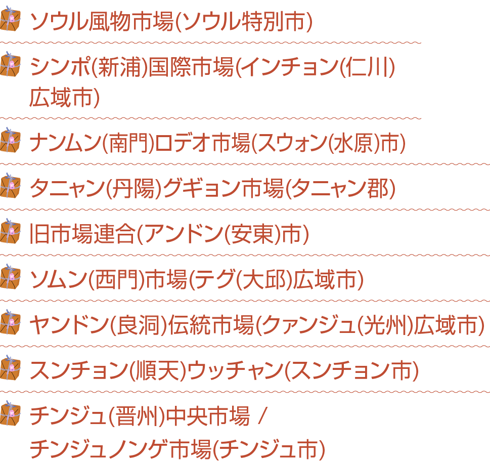 ￼ ソウル風物市場(ソウル特別市) ￼ シンポ(新浦)国際市場(インチョン(仁川) 広域市) ￼ ナンムン(南門)ロデオ市場(スウォン(水原)市) ￼ タニャン(丹陽)グギョン市場(タニャン郡) ￼ 旧市場連合(アンドン(安東)市) ...