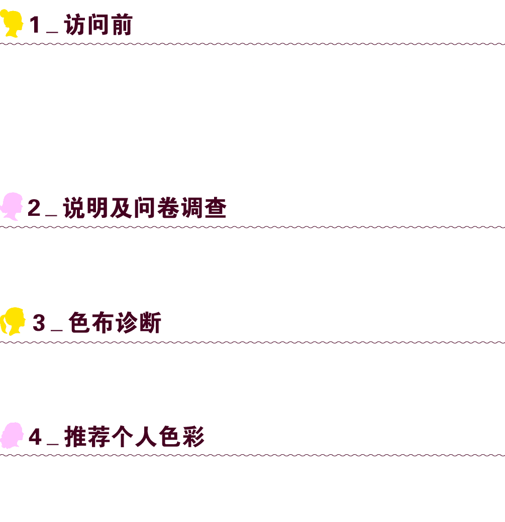 ￼1_访问前 个人色彩诊断在素颜状态下进行，佩戴彩色隐形眼镜可能会影响诊断结果，建议佩戴透明隐形眼镜。进行体型诊断时，应穿着轻便且能展现身体曲线的服装。 ￼2_说明及问卷调查 询问日常穿搭中喜欢的颜色、肌肤类型、不喜欢的颜色等。 ￼3...