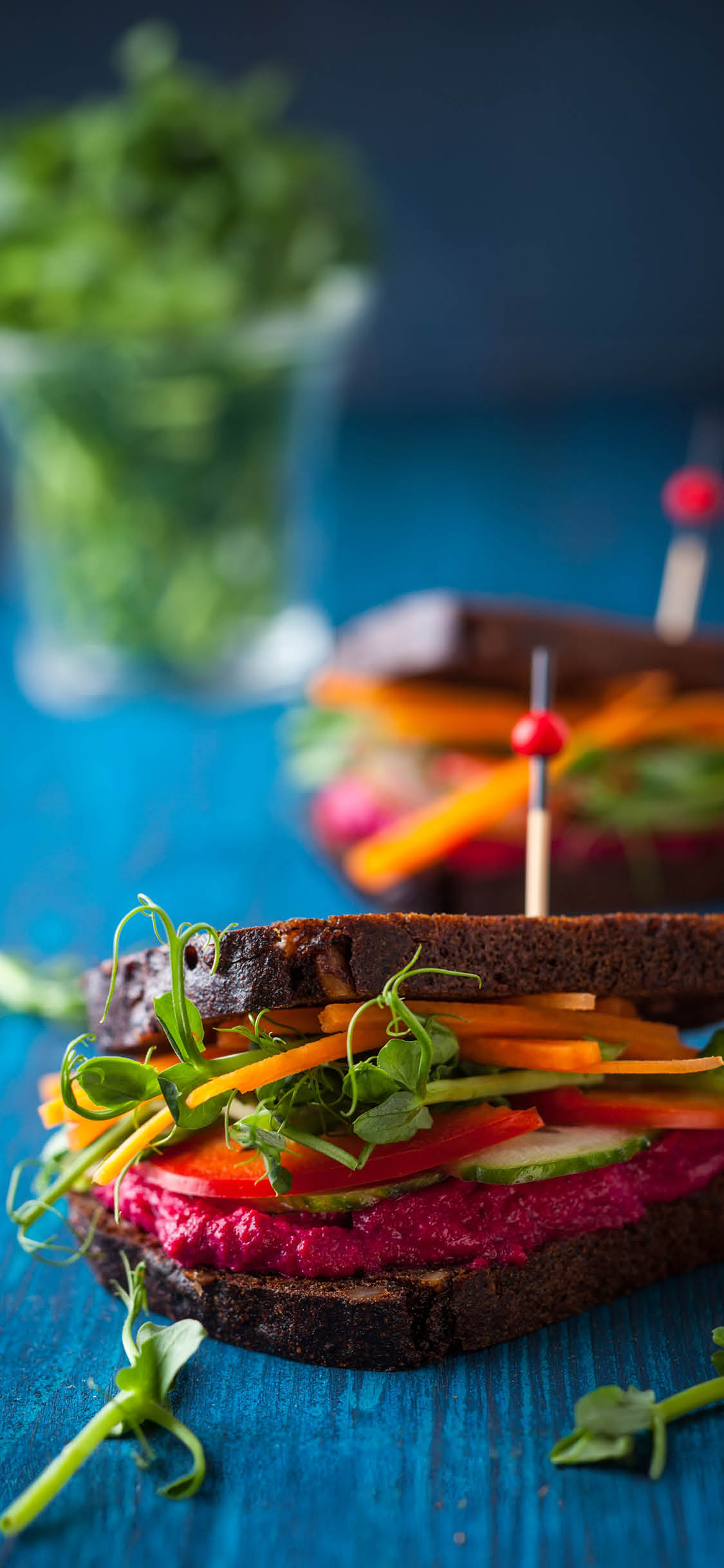 gluten free vegan sandwiches with beet hummus, raw vegetables and sprouts