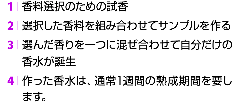 1 | 香料選択のための試香 2 | 選択した香料を組み合わせてサンプルを作る 3 | 選んだ香りを一つに混ぜ合わせて自分だけの香水が誕生 4 | 作った香水は、通常1週間の熟成期間を要します。