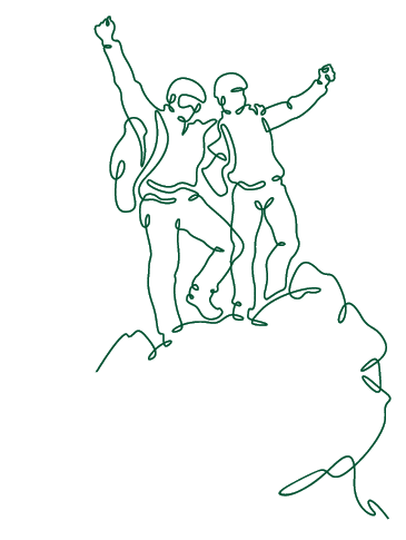 Climbers at the top. Climbing in the mountains in a group. Mountaineering. Mountain climb. Scenery. Hiker helping friend reach the mountain top. One continuous line. Linear. Hand drawn, white background.