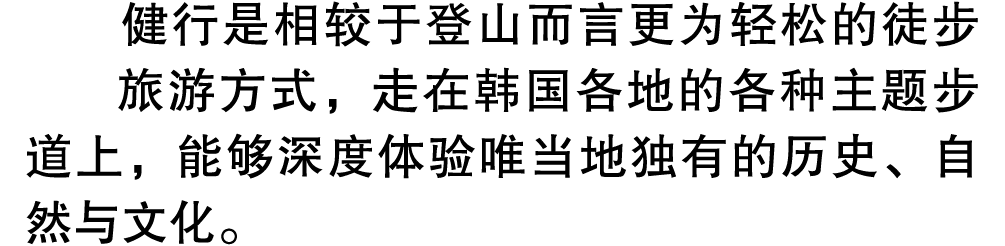 健行是相较于登山而言更为轻松的徒步旅游方式，走在韩国各地的各种主题步道上，能够深度体验唯当地独有的历史、自然与文化。