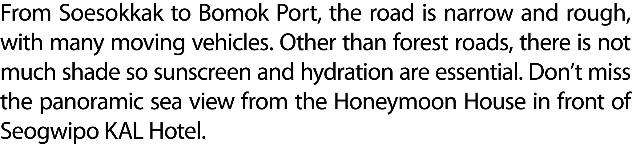 From Soesokkak to Bomok Port, the road is narrow and rough, with many moving vehicles. Other than forest roads, there...