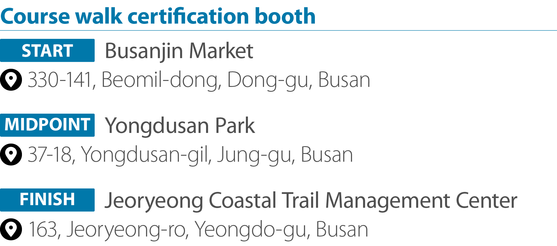 Course walk certification booth ￼ Busanjin Market ￼ 330 141, Beomil dong, Dong gu, Busan ￼ Yongdusan Park ￼ 37 18, Yo...