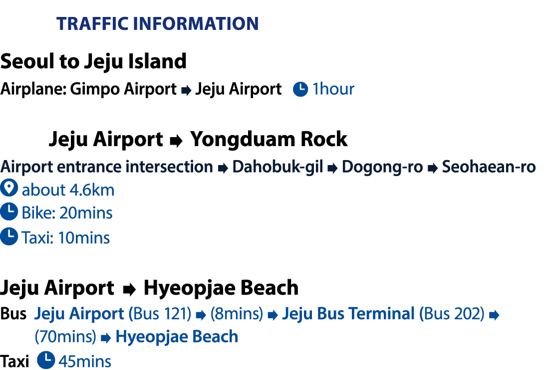 Traffic Information Seoul to Jeju Island Airplane: Gimpo Airport Jeju Airport ￼ 1hour Jeju Airport Yongduam Rock Airp...