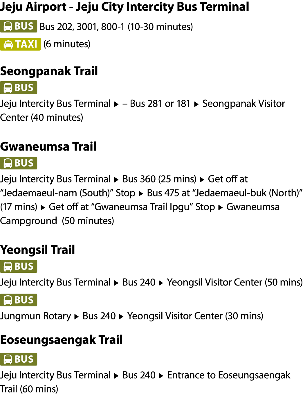 Jeju Airport Jeju City Intercity Bus Terminal ￼ Bus 202, 3001, 800 1 (10 30 minutes) ￼ (6 minutes) Seongpanak Trail ￼...