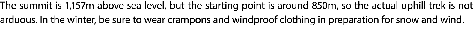 The summit is 1,157m above sea level, but the starting point is around 850m, so the actual uphill trek is not arduous...